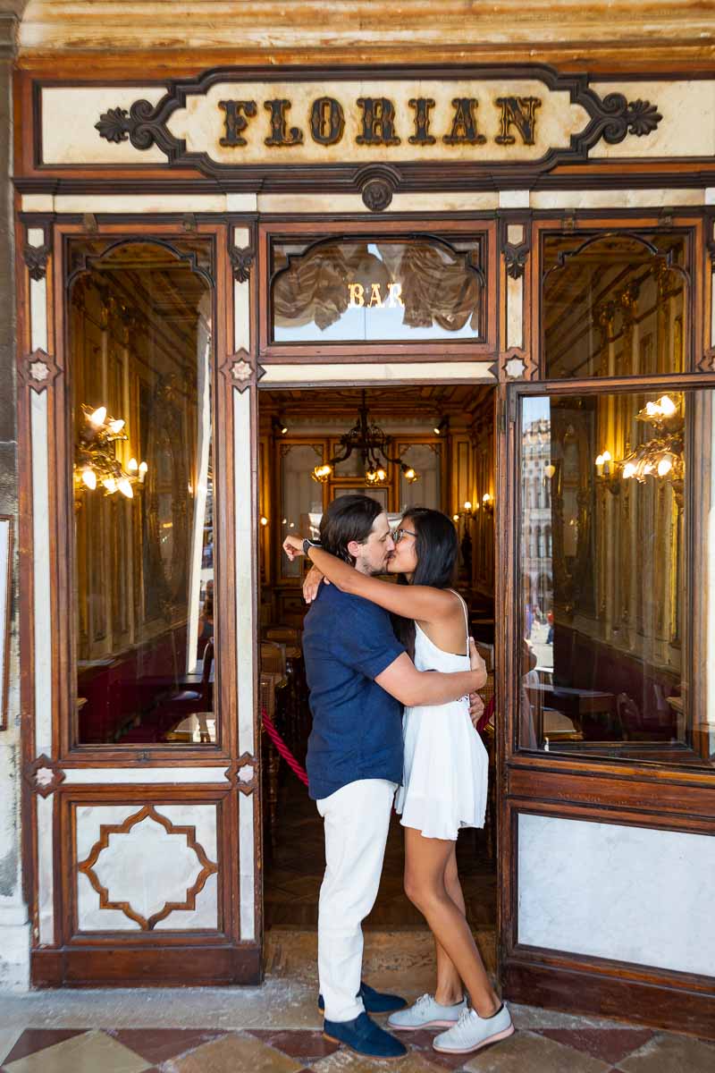 Taking engagement pictures underneath the Florian caffè one of the oldest Venetian caffè