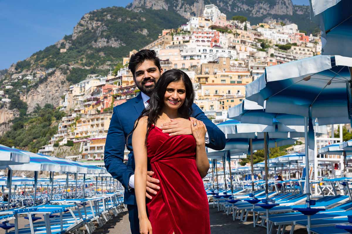 Just engaged couple portrait photographed on in a beach resort in Positano town in the heart of the Amalfi coast 