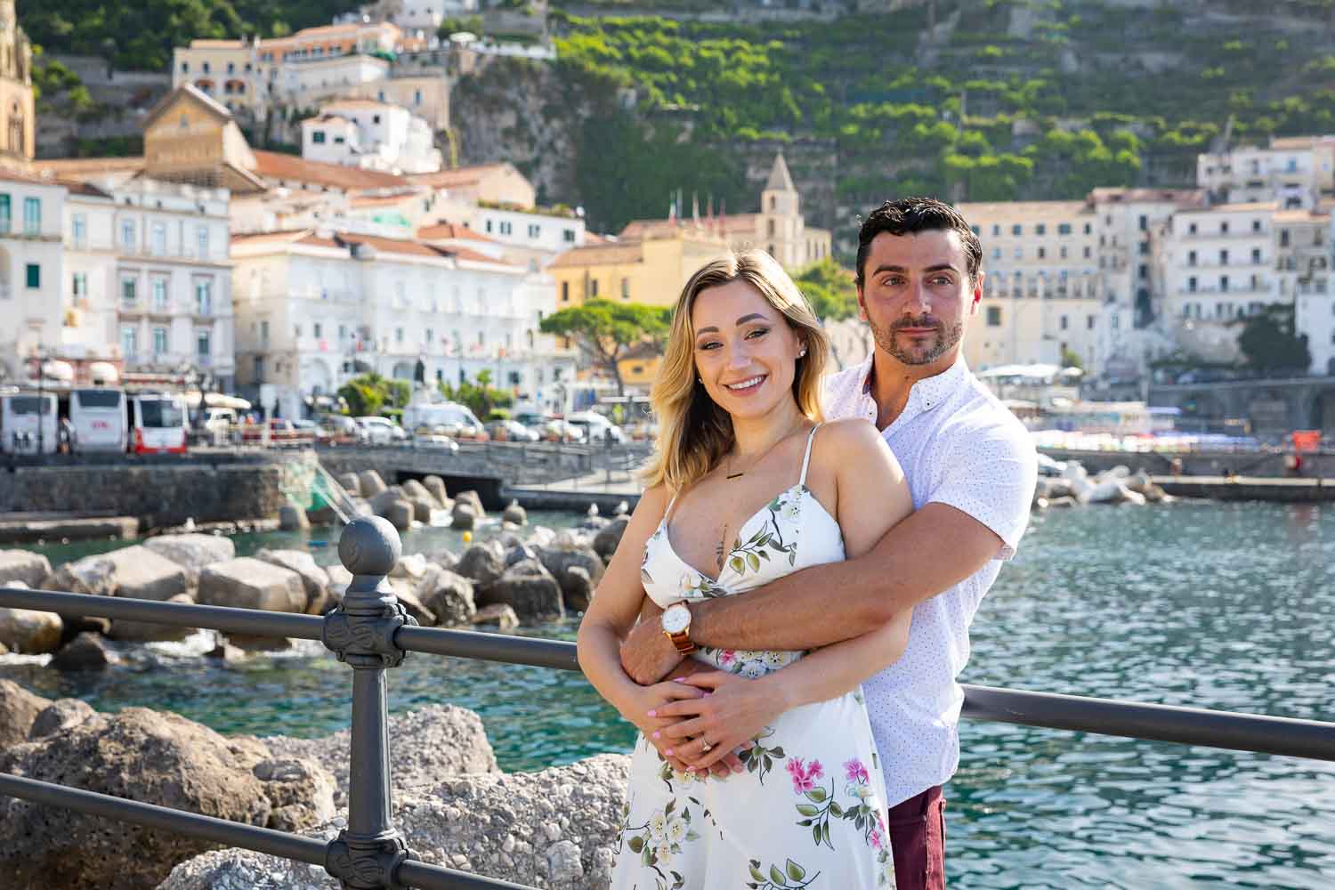 Amalfi photoshoot. Engagement portrait close together in front of the Amalfi coast 