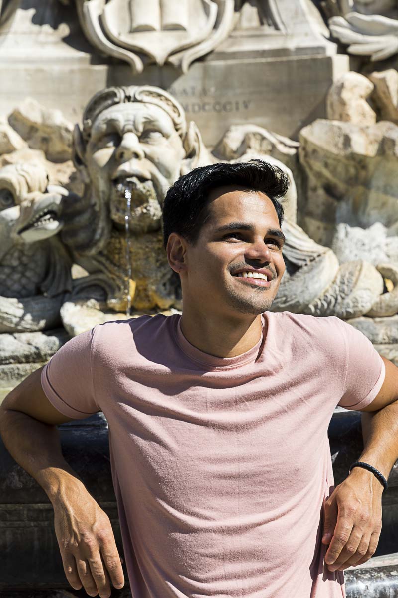 Close up portrait picture of a male model modelling in the streets of Rome