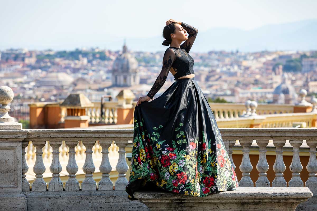 Woman model posing portrait fashion in front of Rome's sweeping view panoramic skyline 