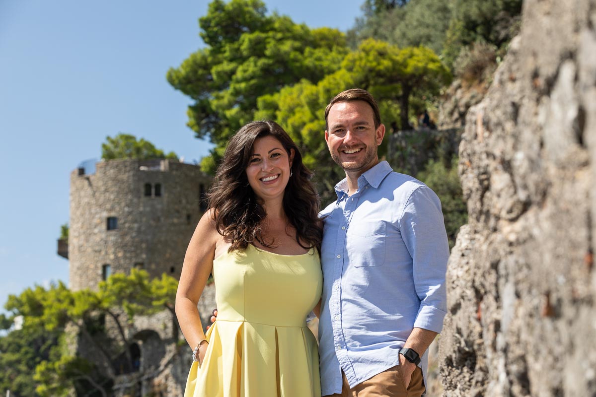 Couple portrait posed in front of the saraceni coastal tower