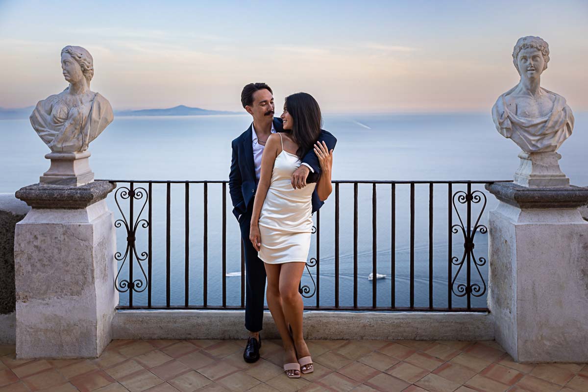 Posed portrait of a coupe together in Ravello with the beautiful sea in the background