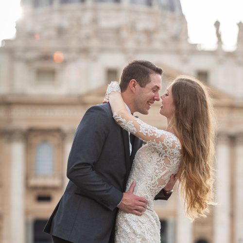 Couple portrait in wedding attire photographed in San Pietro in Rome