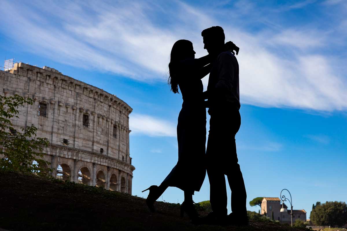 Silhouette photography taken at the Roman Colosseum during an engagement photoshoot 