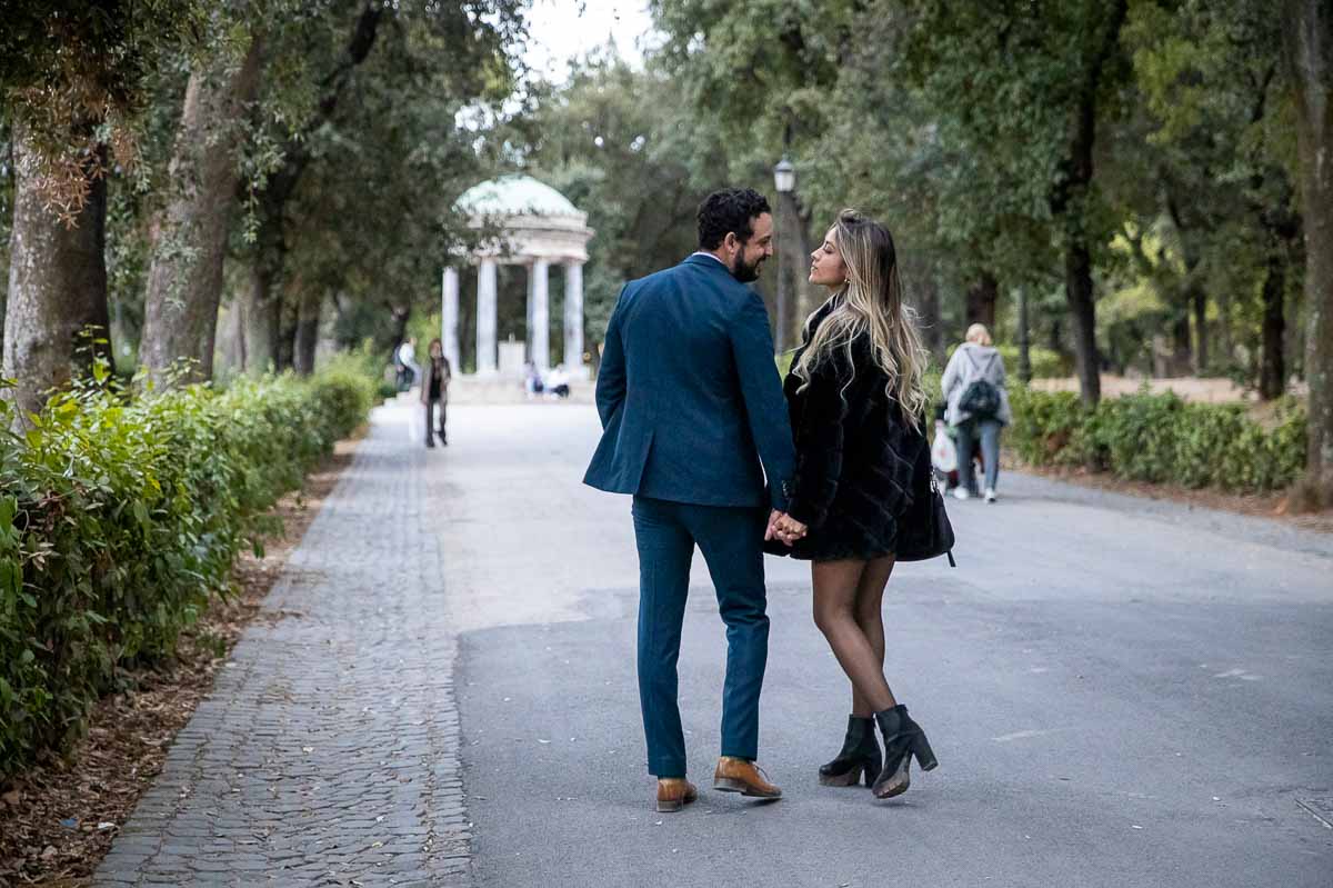 Walking towards the Temple of Diana in the Borghese park in Rome Italy