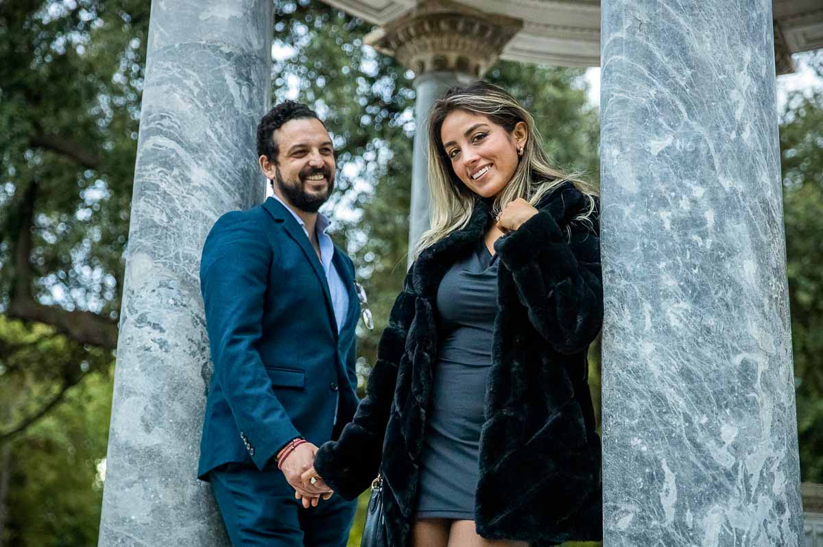 Couple portrait photographed among the columns of the temple