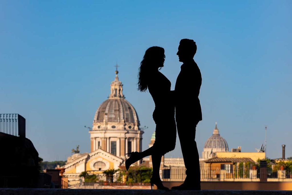 Silhouette image of a couple during an Anniversary photo shoot in Rome Italy