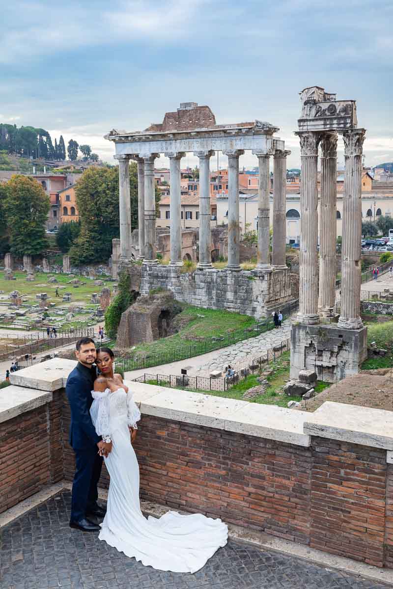 Newlywed photo taken as portrait at the ancient forum in Rome Italy