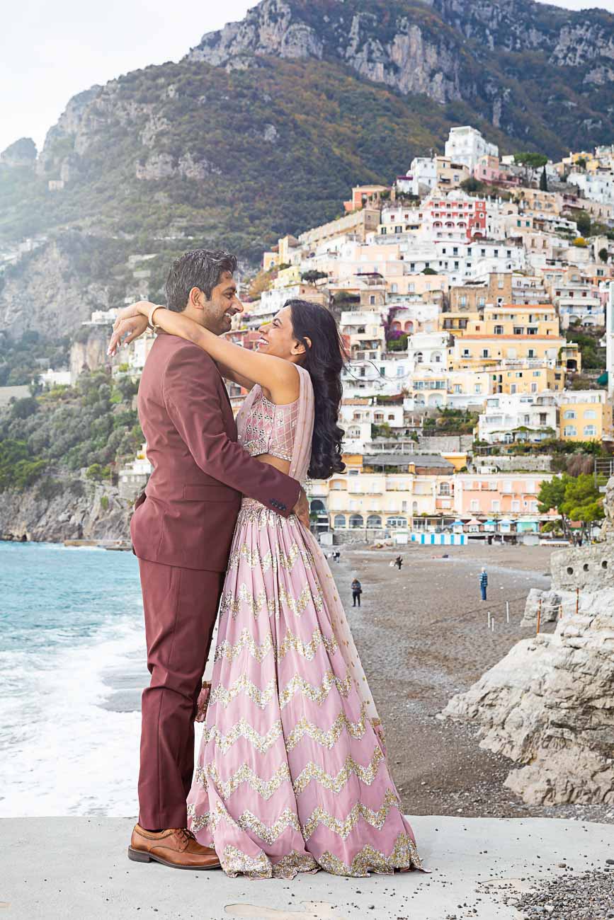 Engagement portrait picture with the town of Positano as backdrop 