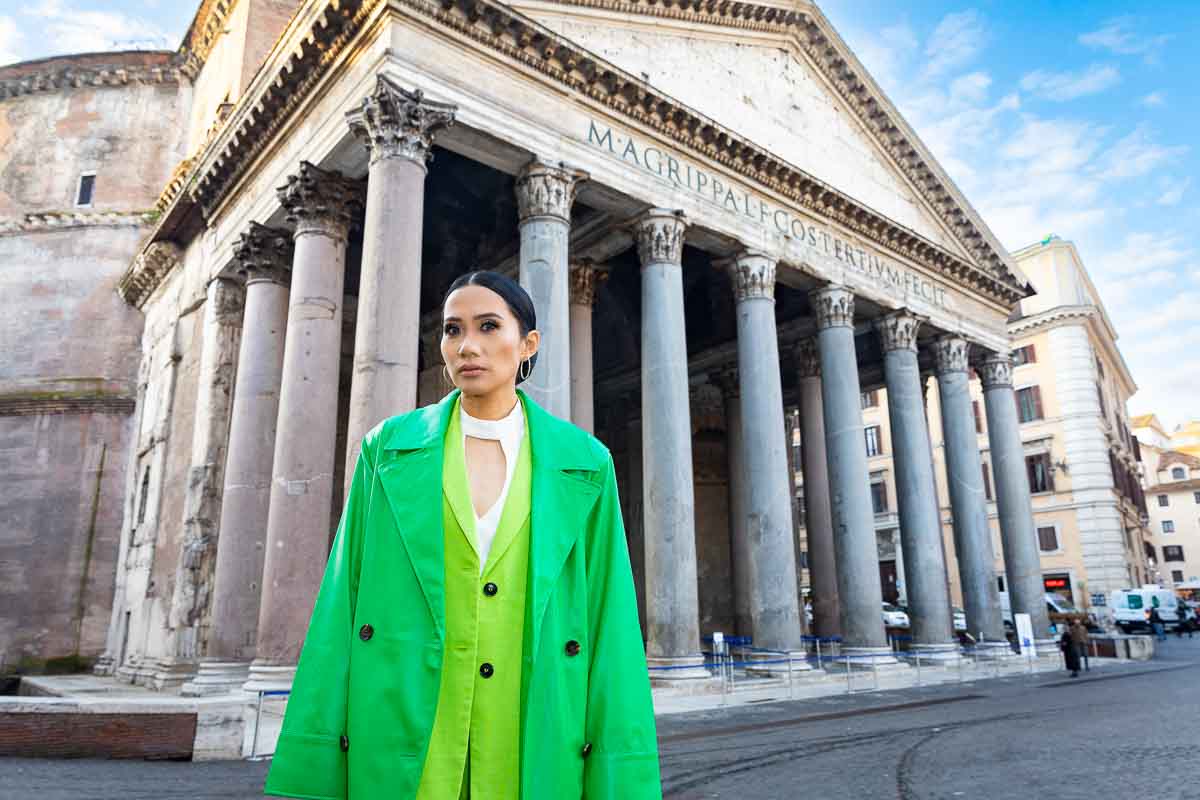 Female model portrait taken in front of the Roman Pantheon in central Rome