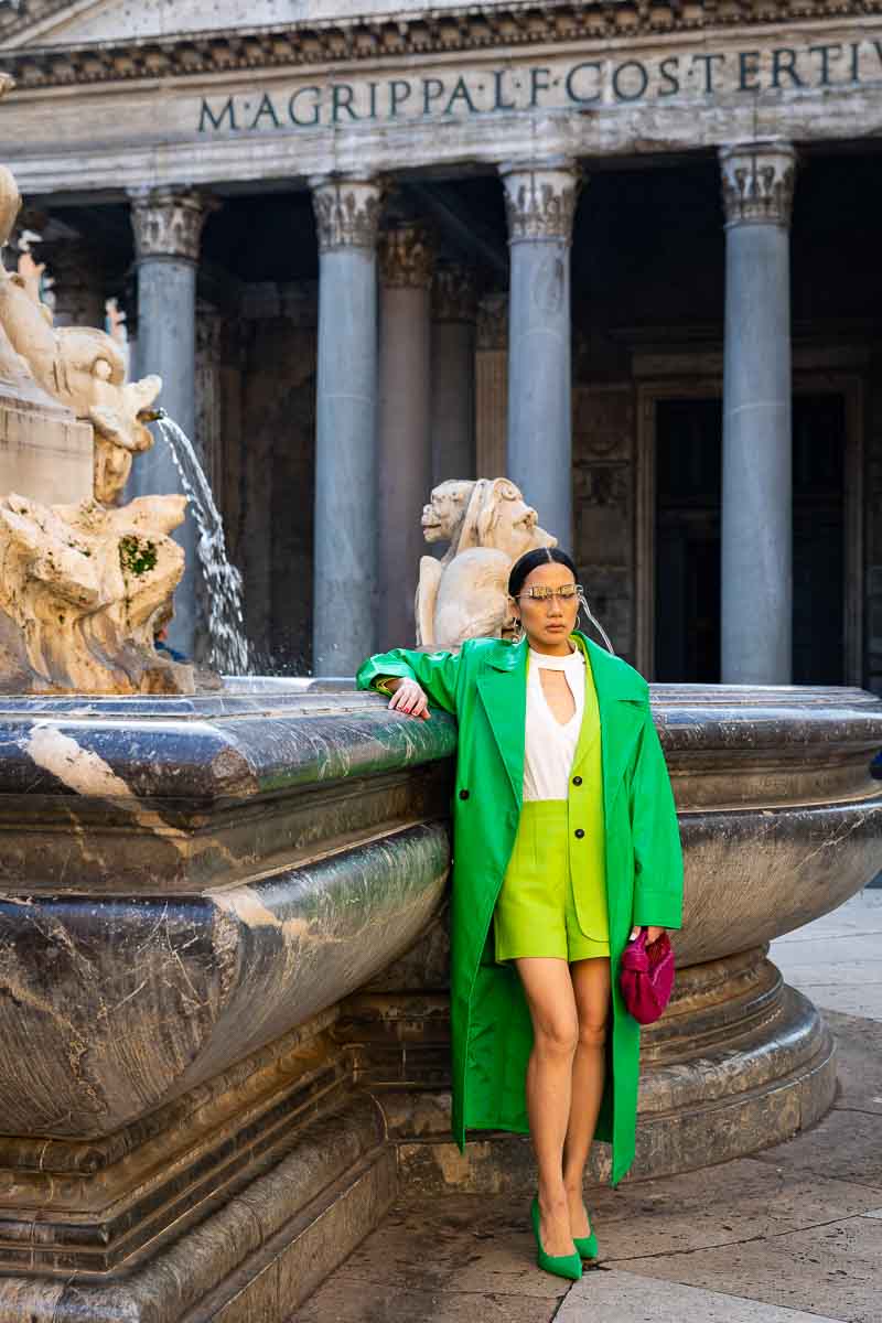 Fashion model portrait at the Roman Pantheon in Rome Italy during a fashion photoshoot 