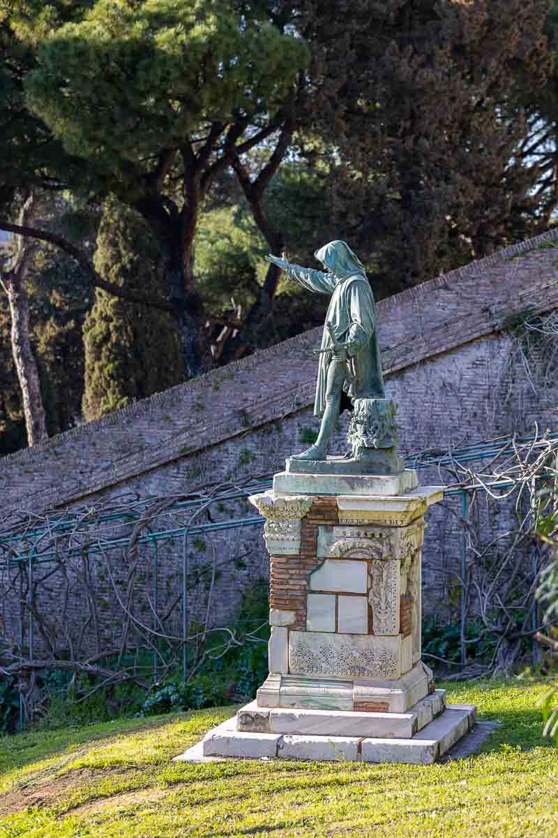 Sire view statue of Giordano bruno contained on the steps leading to the Campidoglio square. Rome, Italy