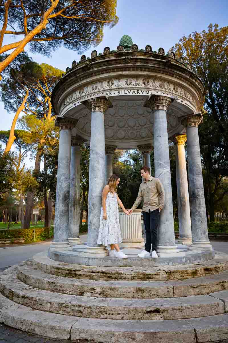 Engagement couple portrait taken in front of Temple of Diana in Rome Italy