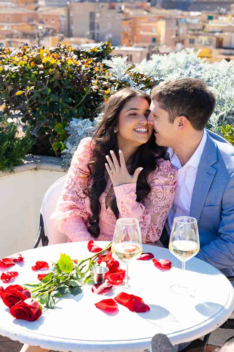 Just engaged at a romantic rooftop terrace in the Eternal city of Rome Italy