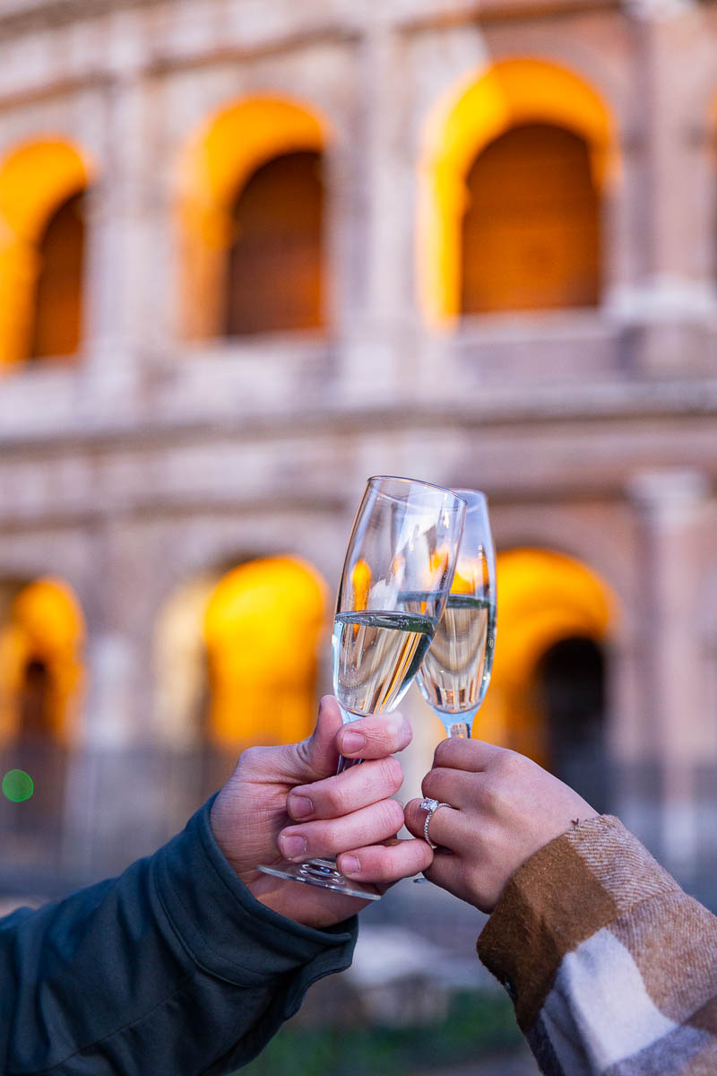 Toasting Engagement ring with glass flutes and Italian prosecco sparkling wine 