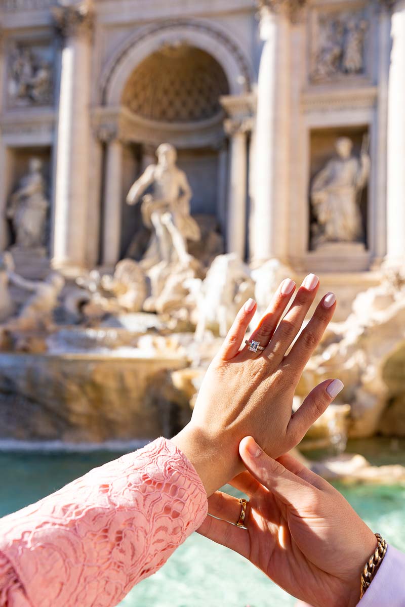 Engagement ring close up photographed at the Trevi fountain