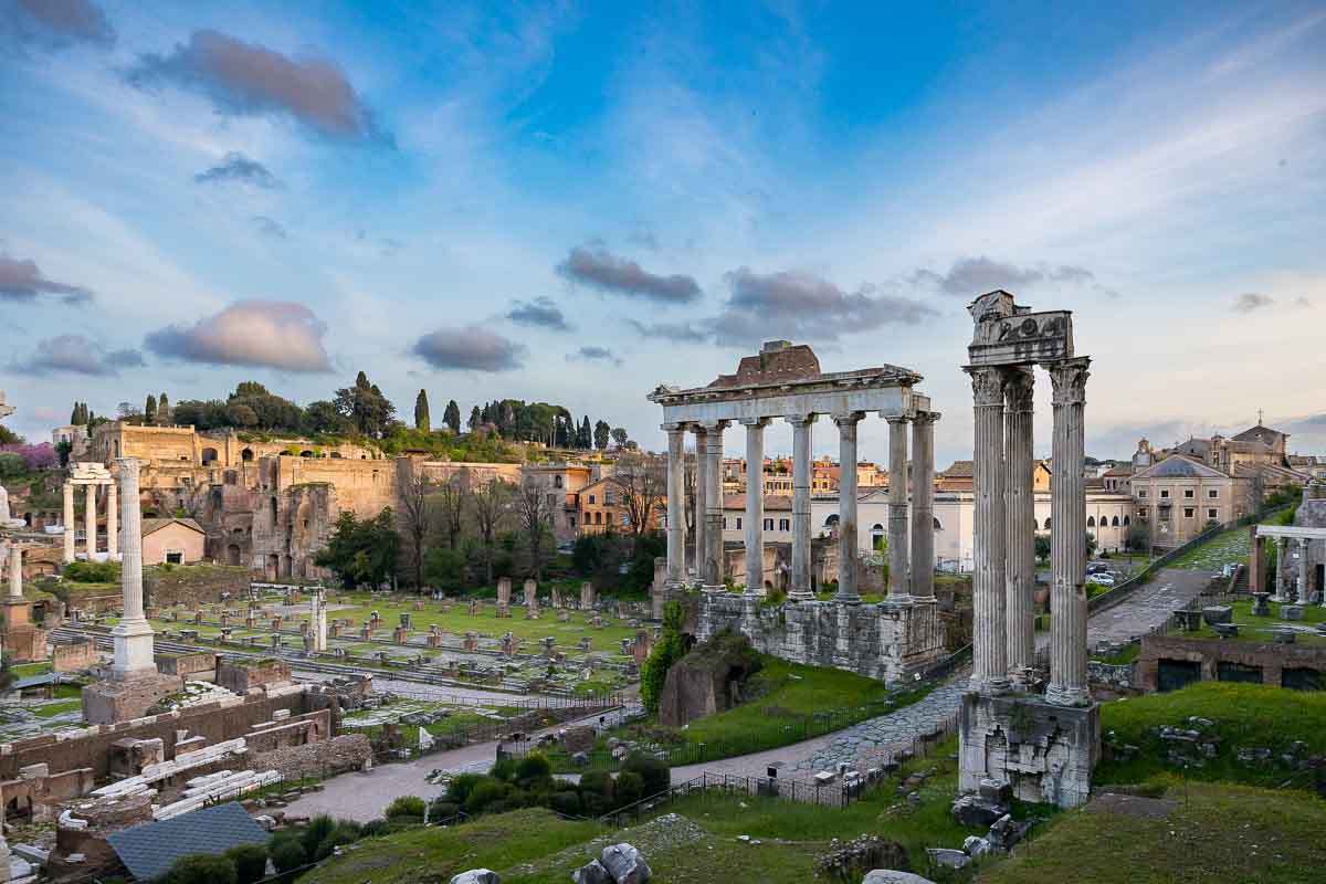 The view of the Roman Forum seen from the above Piazza del Campidoglio in Rome Italy 
