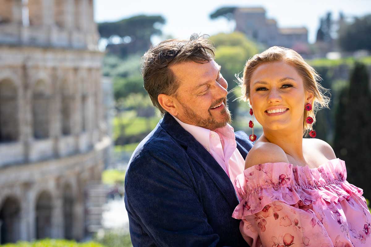 Closeup image of a couple photographed at the Coliseum in Rome during an engagement photoshoot