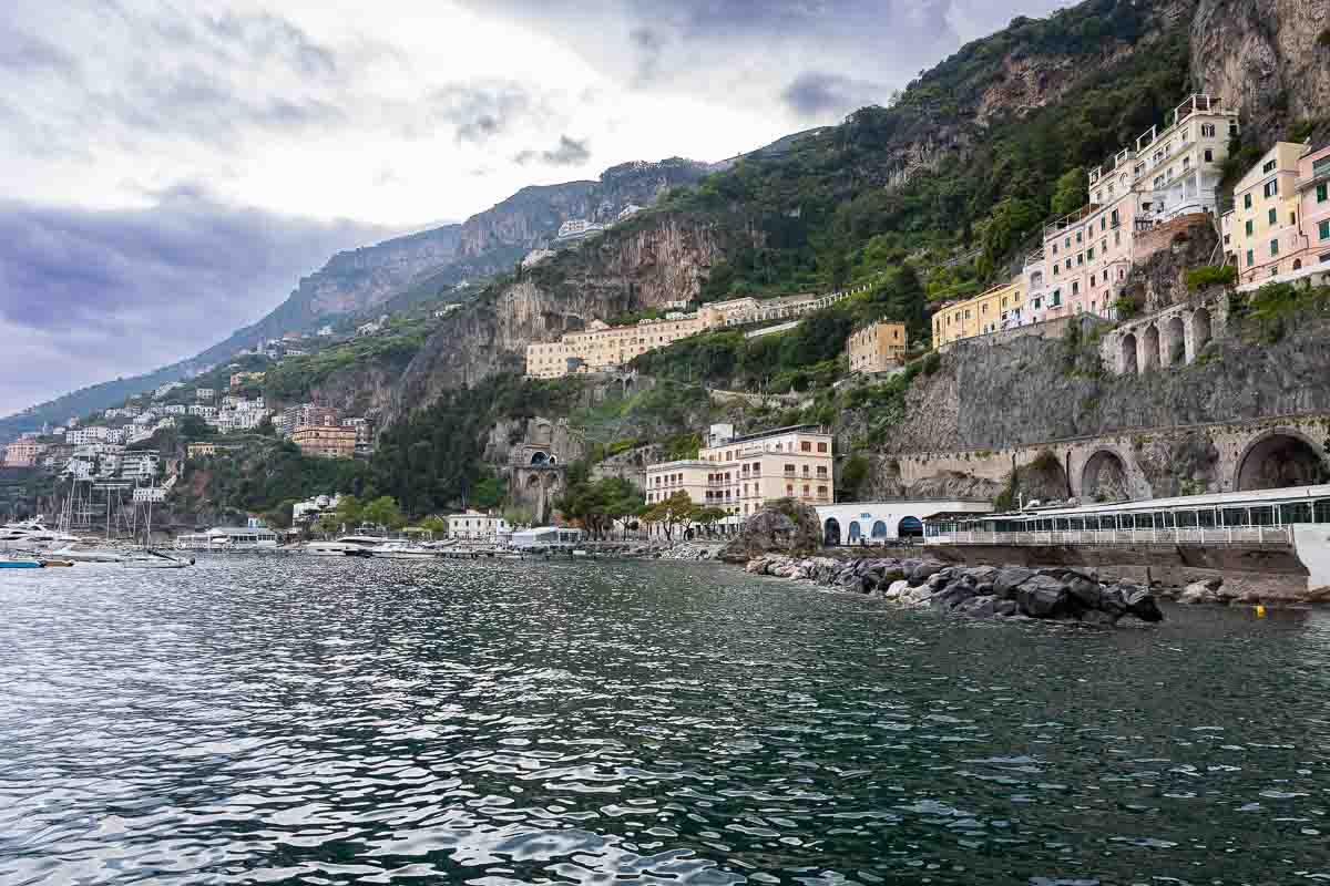 Amalfi coast photography. Image of the coast with sea water in the forefront