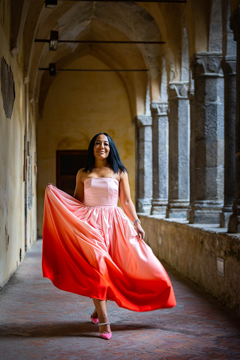 Walking under the cloister of San Francesco in Sorrento Italy during a photo shoot 