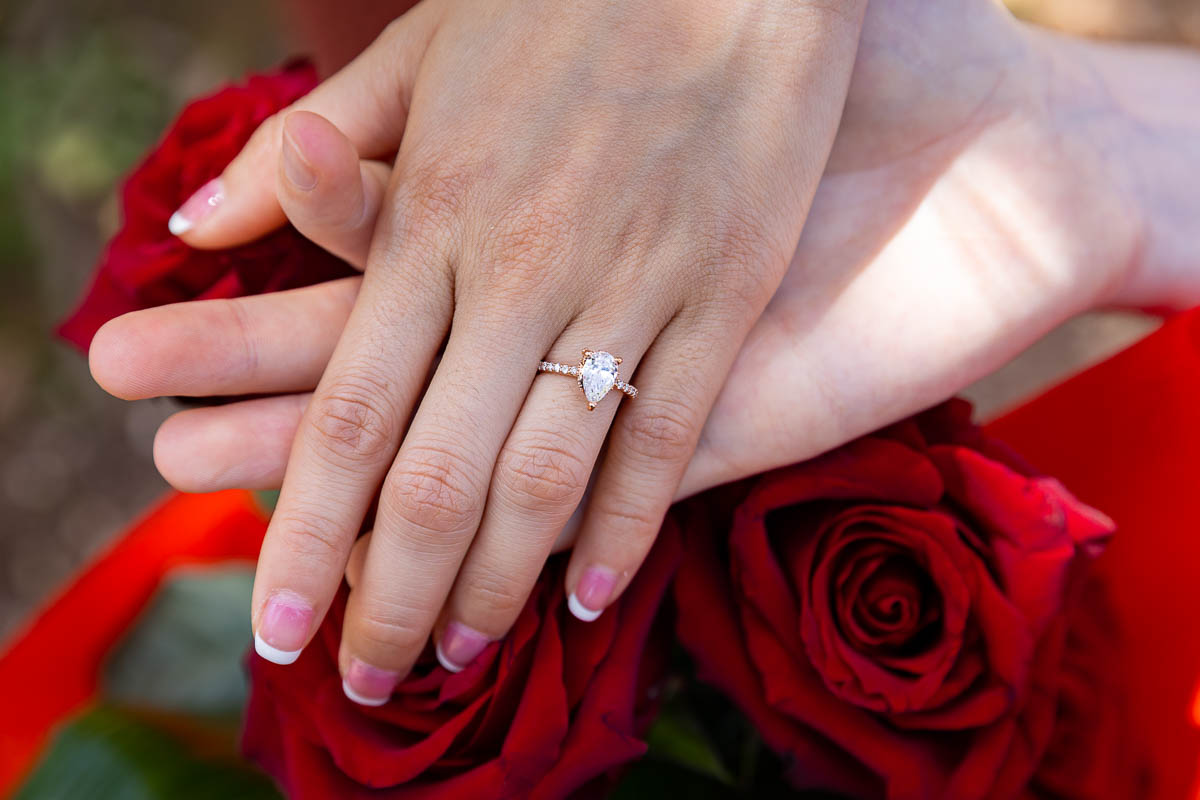 Close up of the engagement ring photographed up close while on top of the red roses 