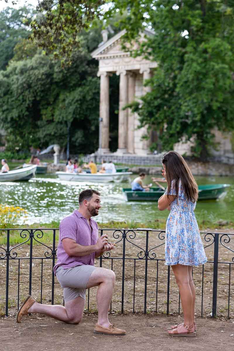 Surprise proposal photo shoot at Villa Borghese Lake in Rome Italy 