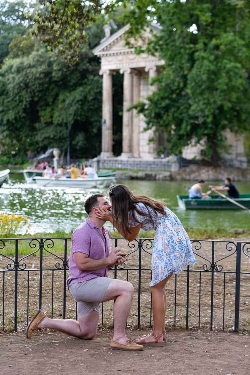 Asking the big question at the Villa Borghese lake with Temple of Asclepius in the background 