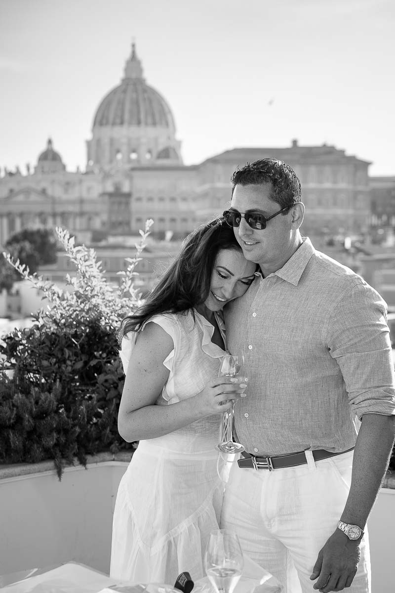 Portrait in black and white of a couple celebrating engagement in Rome Italy