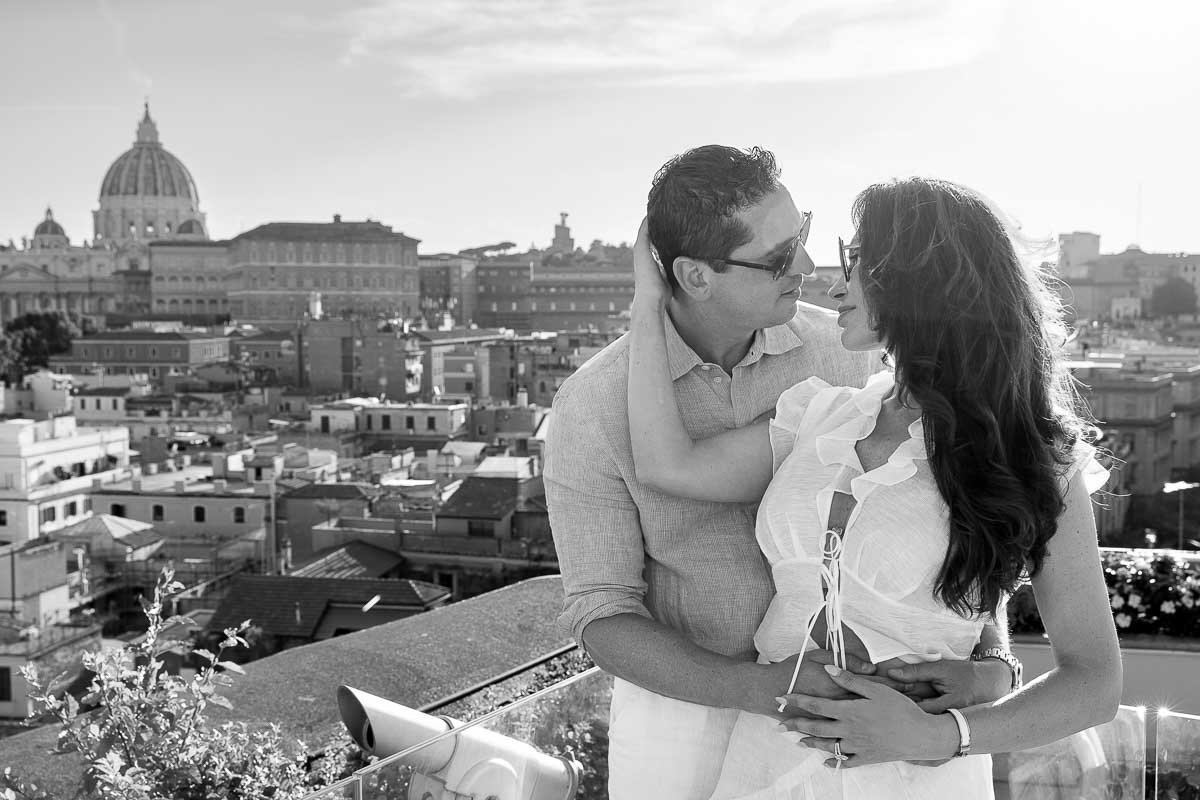 Black and white image of a just engaged couple in Rome Italy