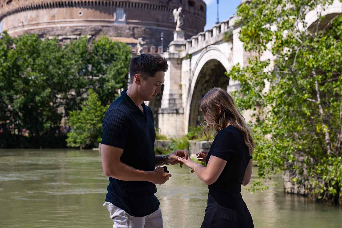 The moment in which the engagement ring was put on