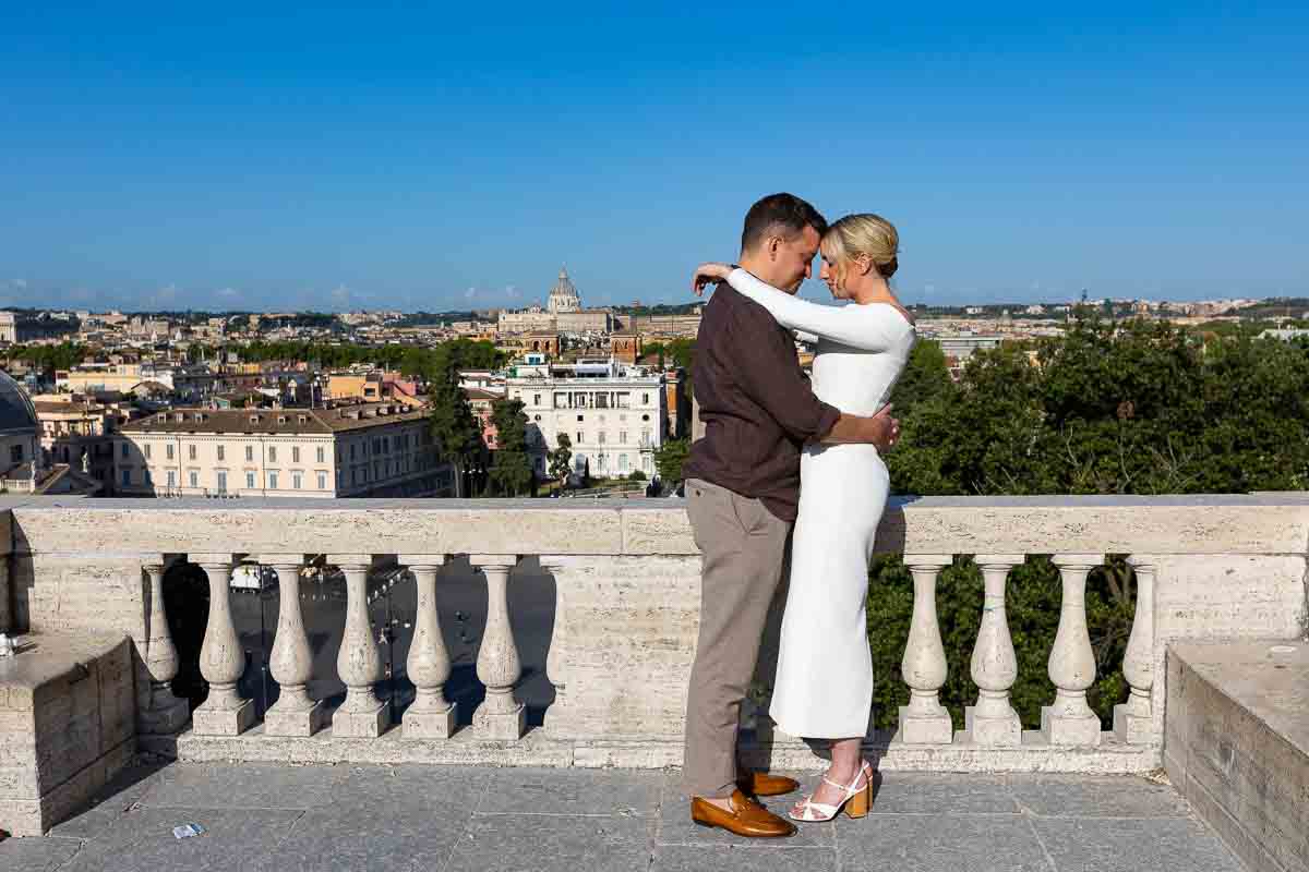 Engagement photography on the white terrace of parco del pincio in Rome Italy