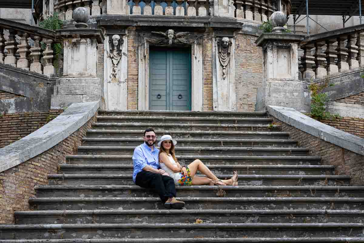 Sitting down on the steps of a church staircase 