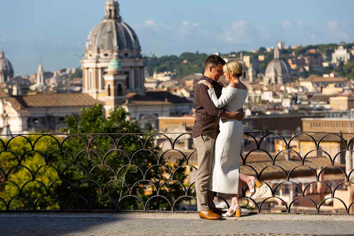 Roman skyline as backdrop to beautiful engagement pictures in Rome Italy