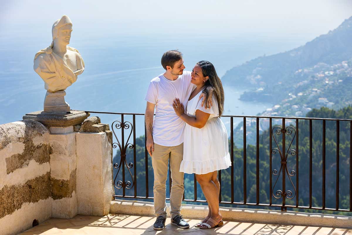 Couple photoshoot taken on the infinity terrace in Villa Cimbrone in Ravello Italy