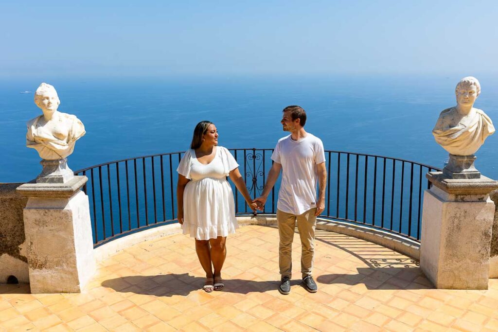 Holding hands on the Infinity terrace in Ravello overlooking the Amalfi coast from above