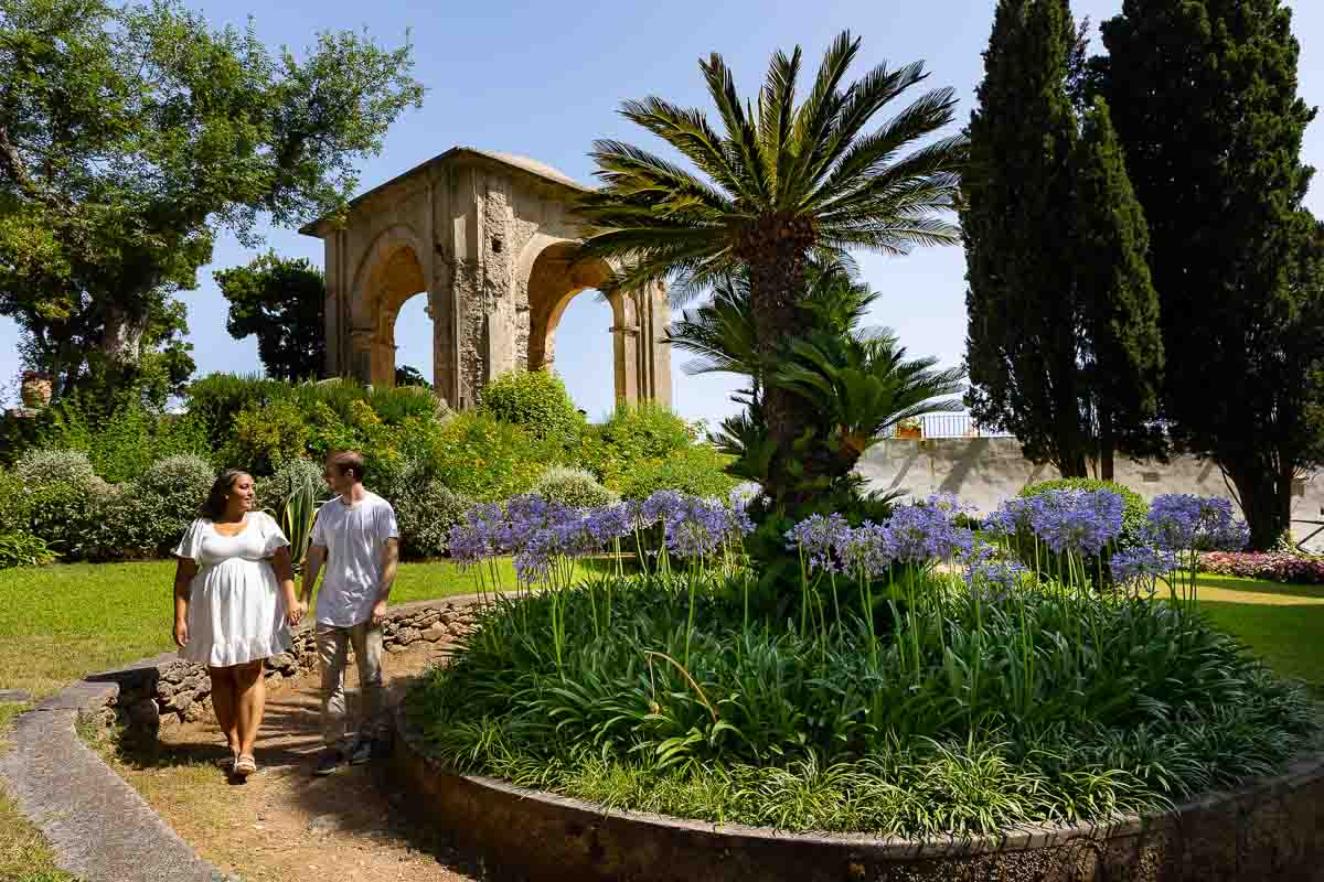 Walking in the park during an engagement photo session in Ravello