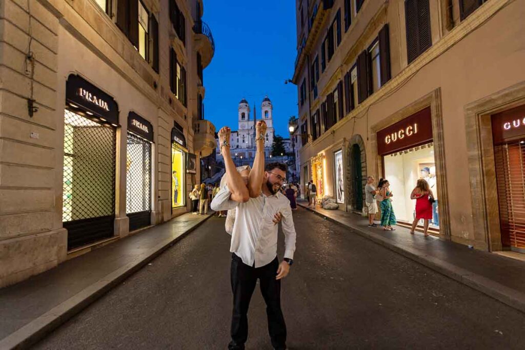 Fun pick me up shot taken of a couple near the Gucci store in Rome's Via Condotti