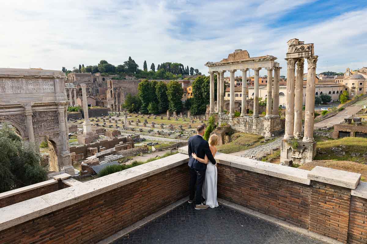 Looking at the ancient city of Rome from above Campidoglio square with a view over the Roman Forum 