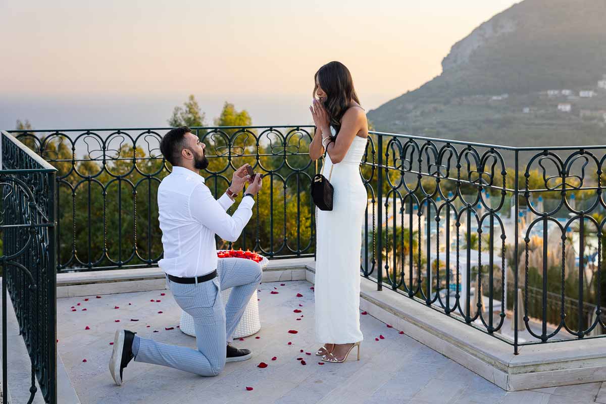 Knee down wedding proposal taking place in Piano di Sorrento proposal on the Sorrentino coast of Italy