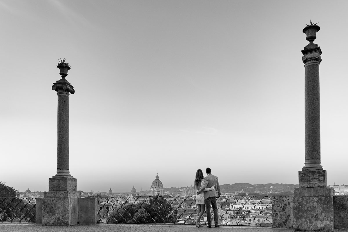 Black and white version of a color image taken during a Rome couple photography session