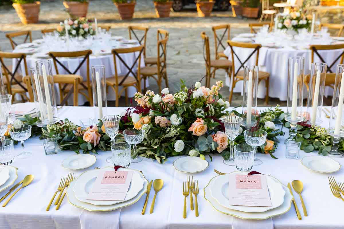 Close up of the wedding table hosting the reception dinner. Still life photography