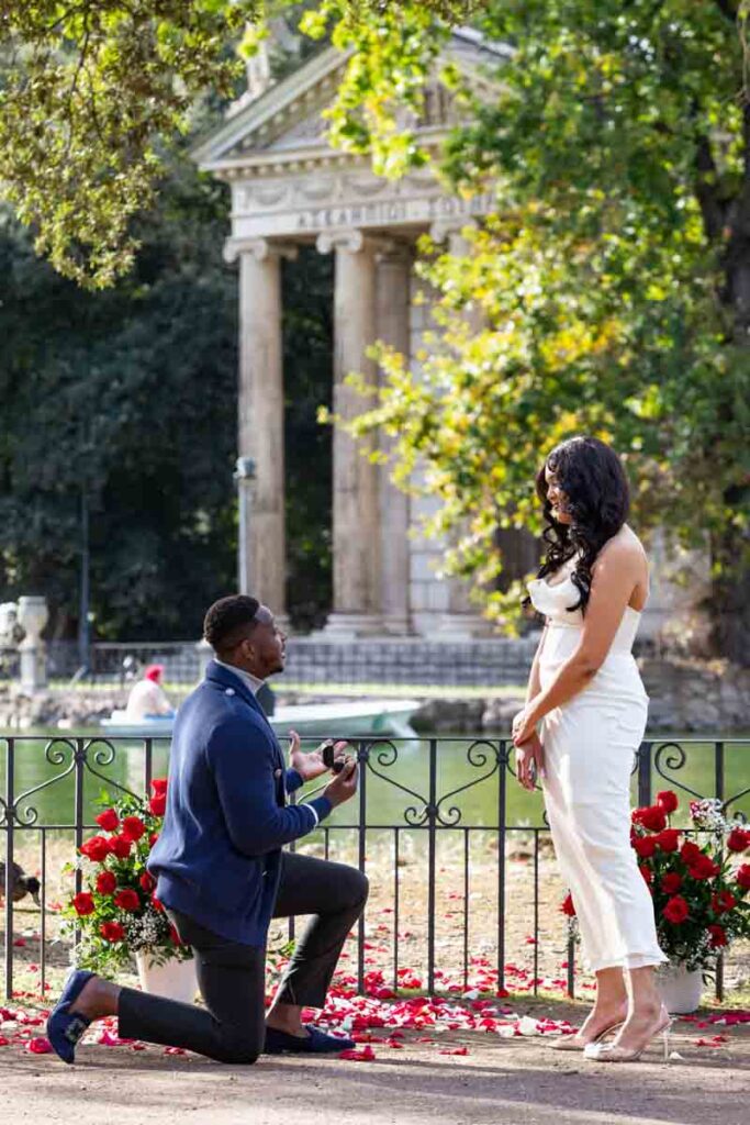 Romantic Villa Borghese Proposal in Rome overlooking the a beautiful temple by the lake