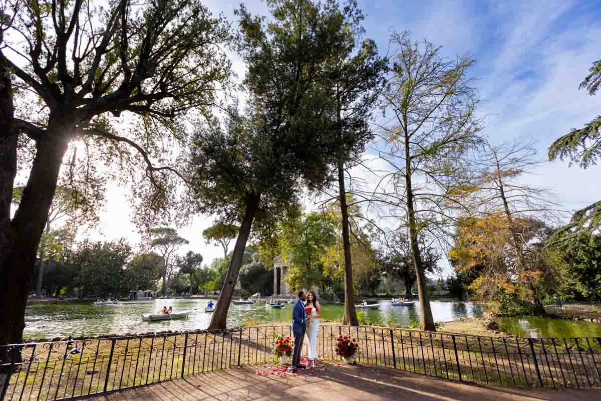 Wide angle view of the Villa Borghese lake used as setting to a beautiful surprise proposal. Rome, Italy