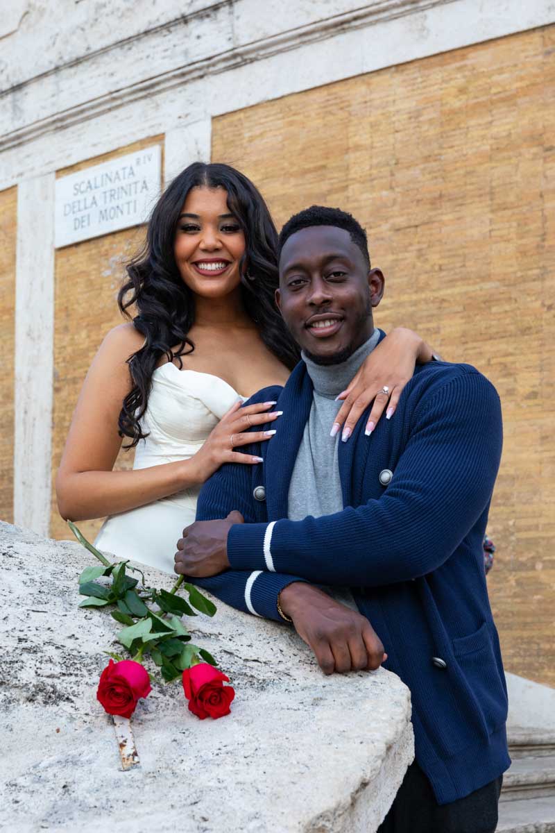 Close up photo of a couple posing together during their engagement photos 