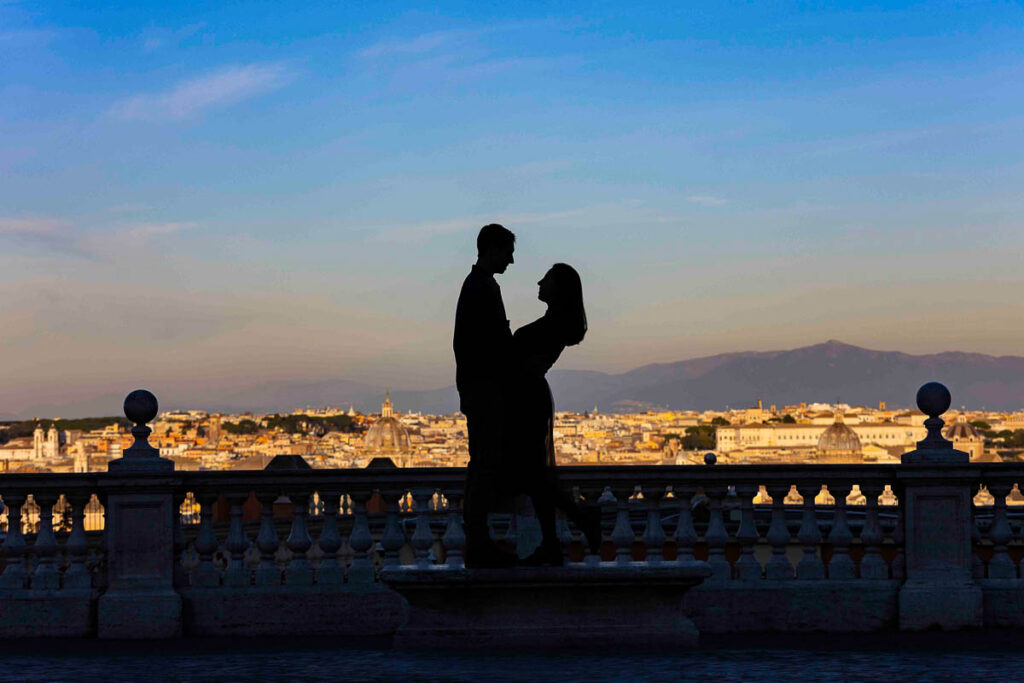 Engagement Photographer Rome Italy. Silhouette image of a couple during a Rome photoshoot session