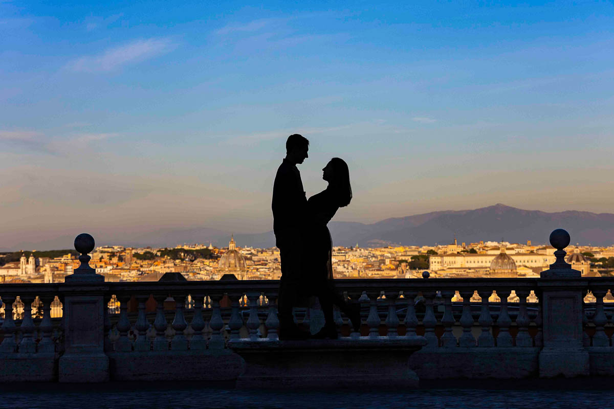 Engagement Photographer Rome Italy. Silhouette image of a couple during a Rome photoshoot session 