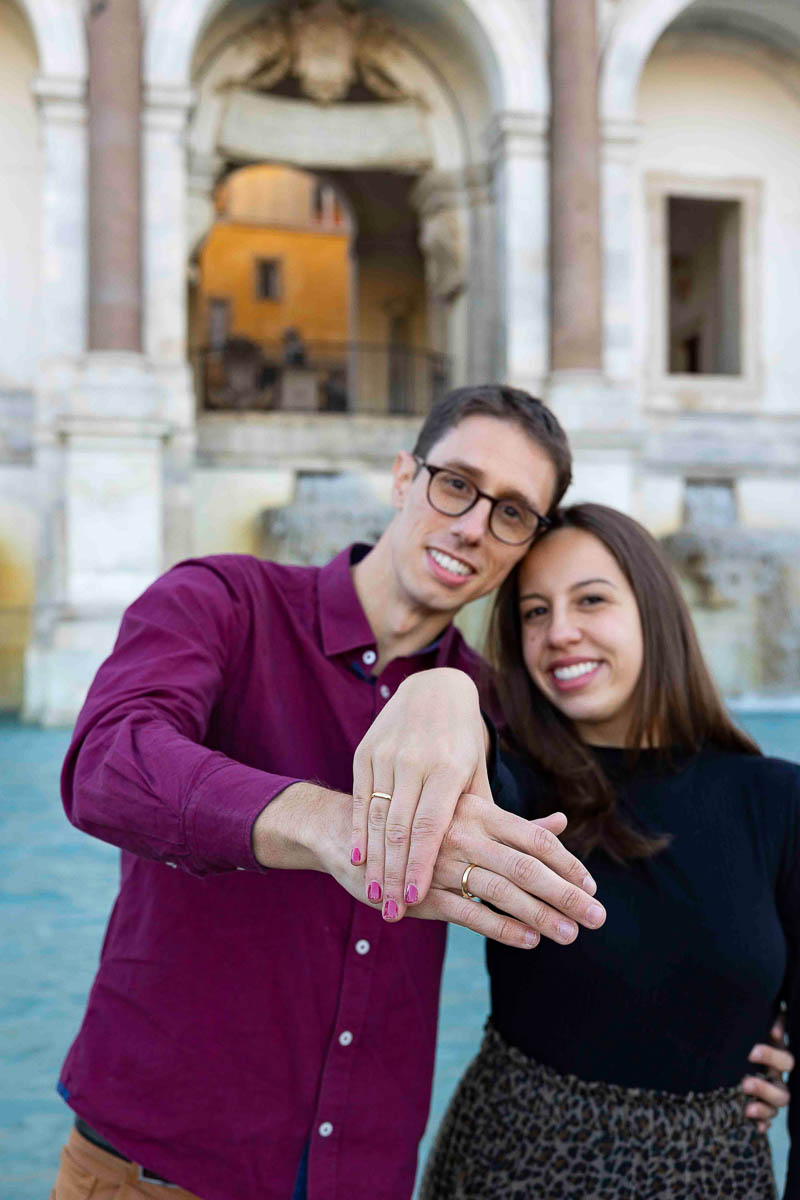 Showing off the engagement ring during a photo shoot in the Eternal city of Rome Italy. Janiculum hill proposal 
