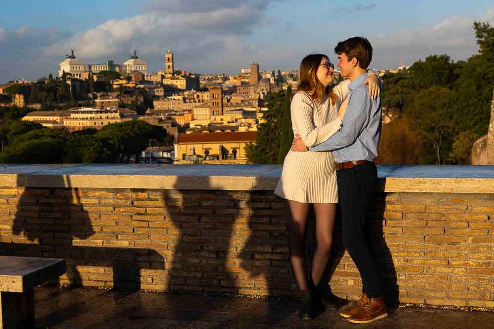 Engagement photography during the golden hour overlooking the city of Rome 