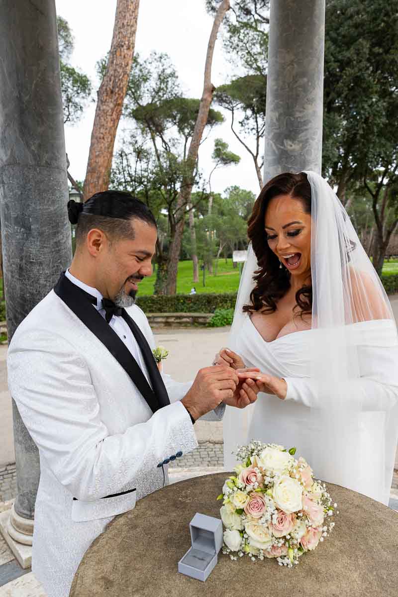 The moment in which he gave her a new anniversary wedding ring for their vow renewal ceremony. Renewing Wedding Vows in Rome